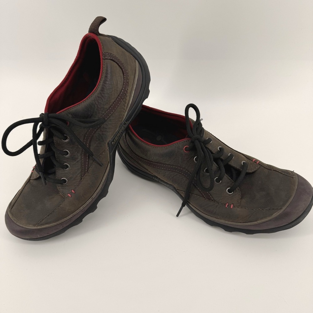 Merrell Loess Mens 12 Dusty Olive Leather Low Top Hiking Shoes J15393 Red Trim